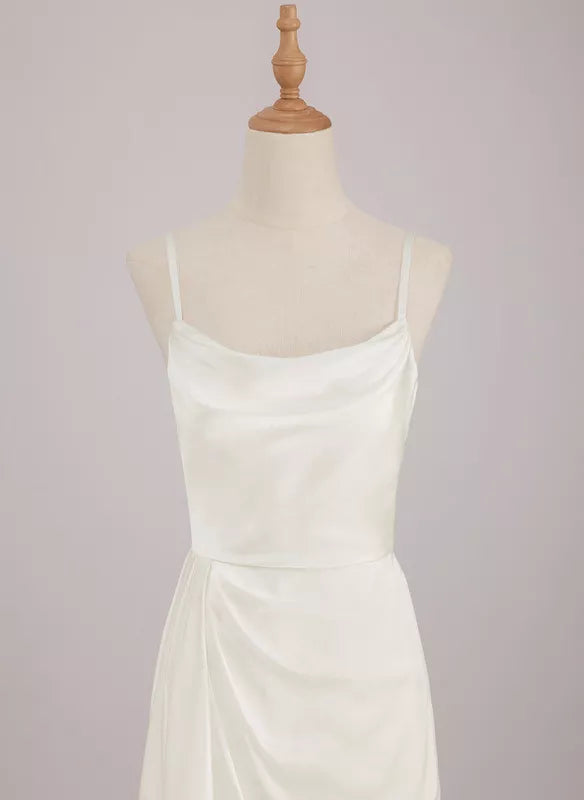 Abito da sposa in raso di seta con volant, lungo fino al pavimento, con scollo a V